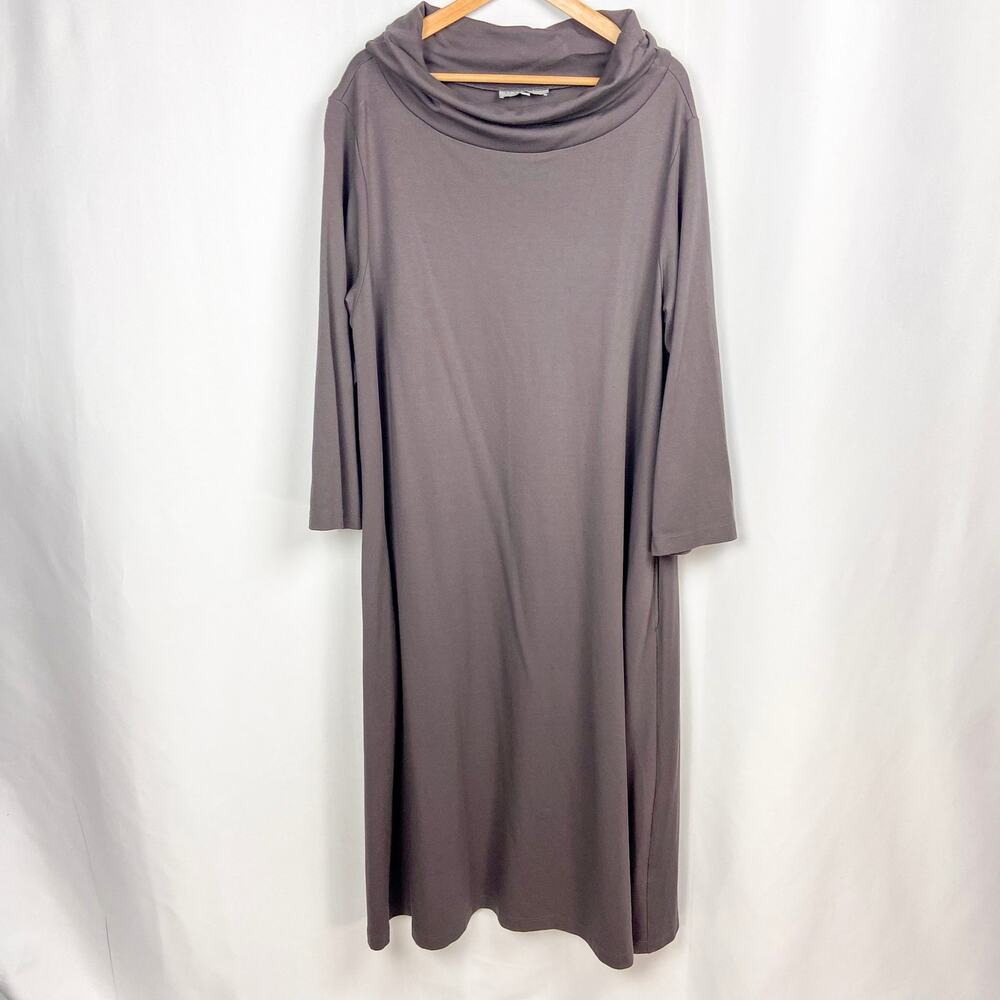 Elegant Taupe Long-Sleeve Midi Dress with Cowl Neck - Picture 2 of 12